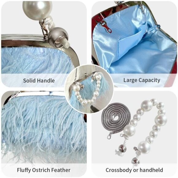⚡Women's Fluffy Ostrich Feather Pearl Banquet Evening Light Blue Clutch Bag - Picture 6 of 6